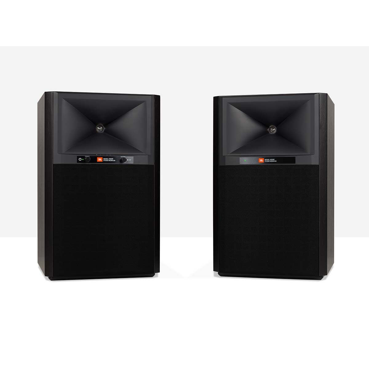 JBL 4305P Powered Bookshelf Speakers, Black, front view with grilles