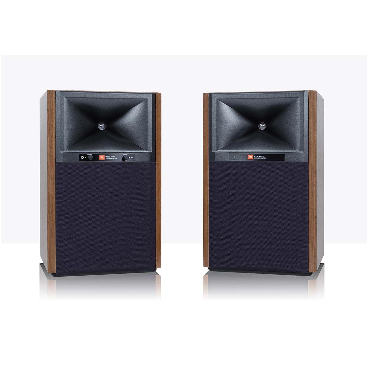 JBL 4305P Powered Bookshelf Speakers, Walnut, front view with grilles
