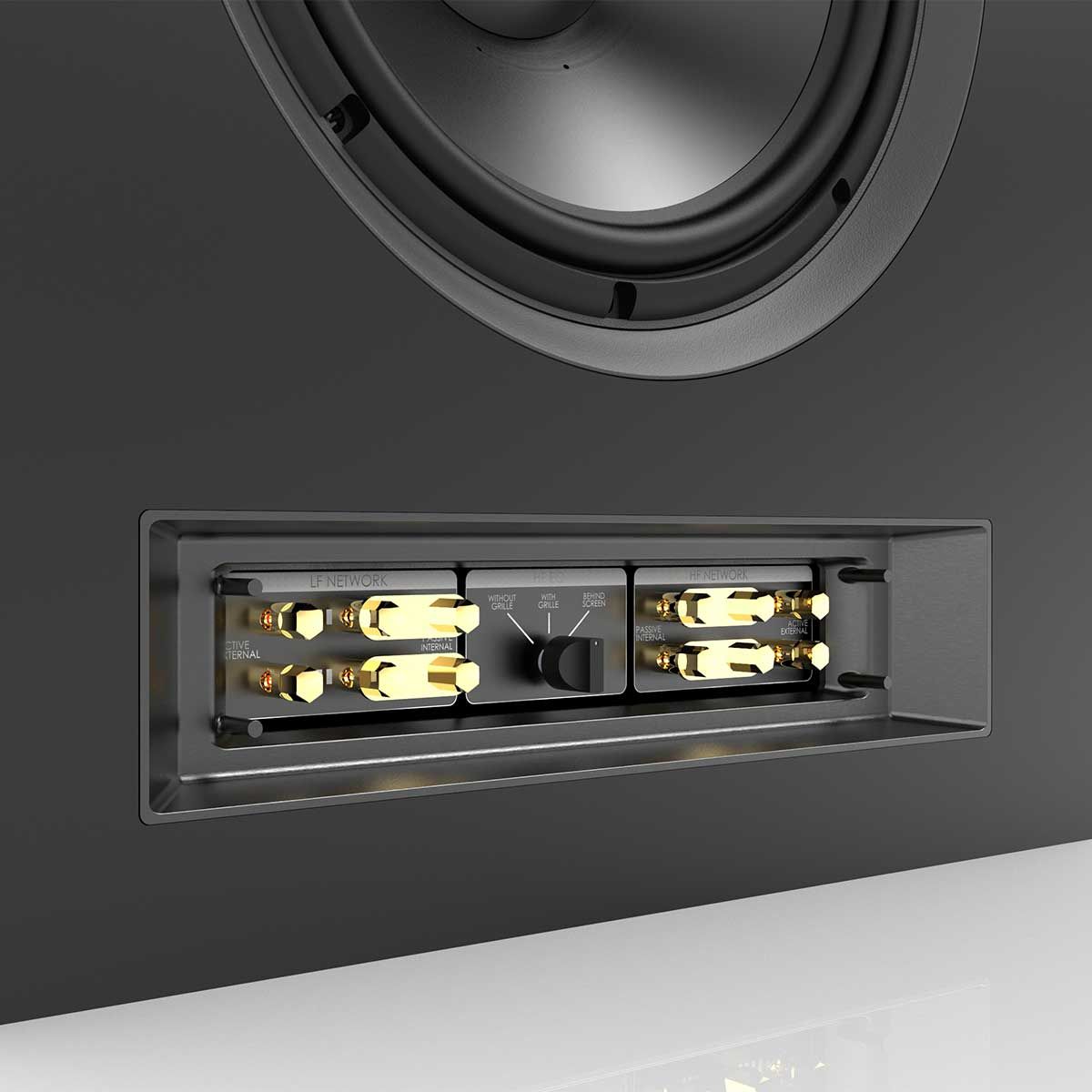 JBL Synthesis SCL-1 2-Way LCR Home Theater Speaker, Black, detailed view of controls with bottom panel removed
