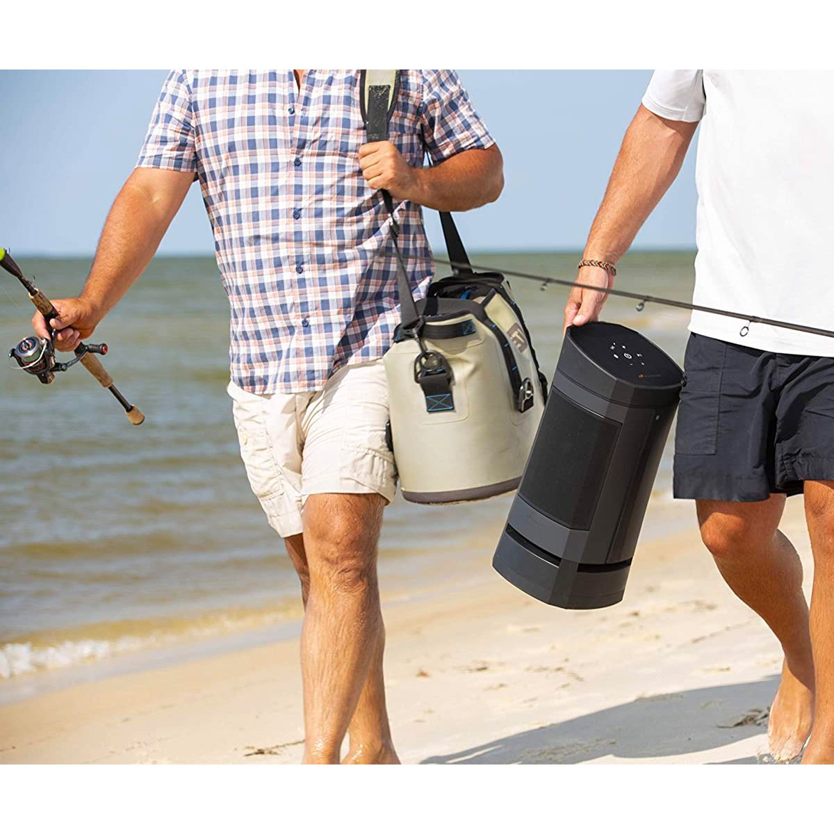 SoundCast VG5 Bluetooth Loudspeaker being carried by fishermen.