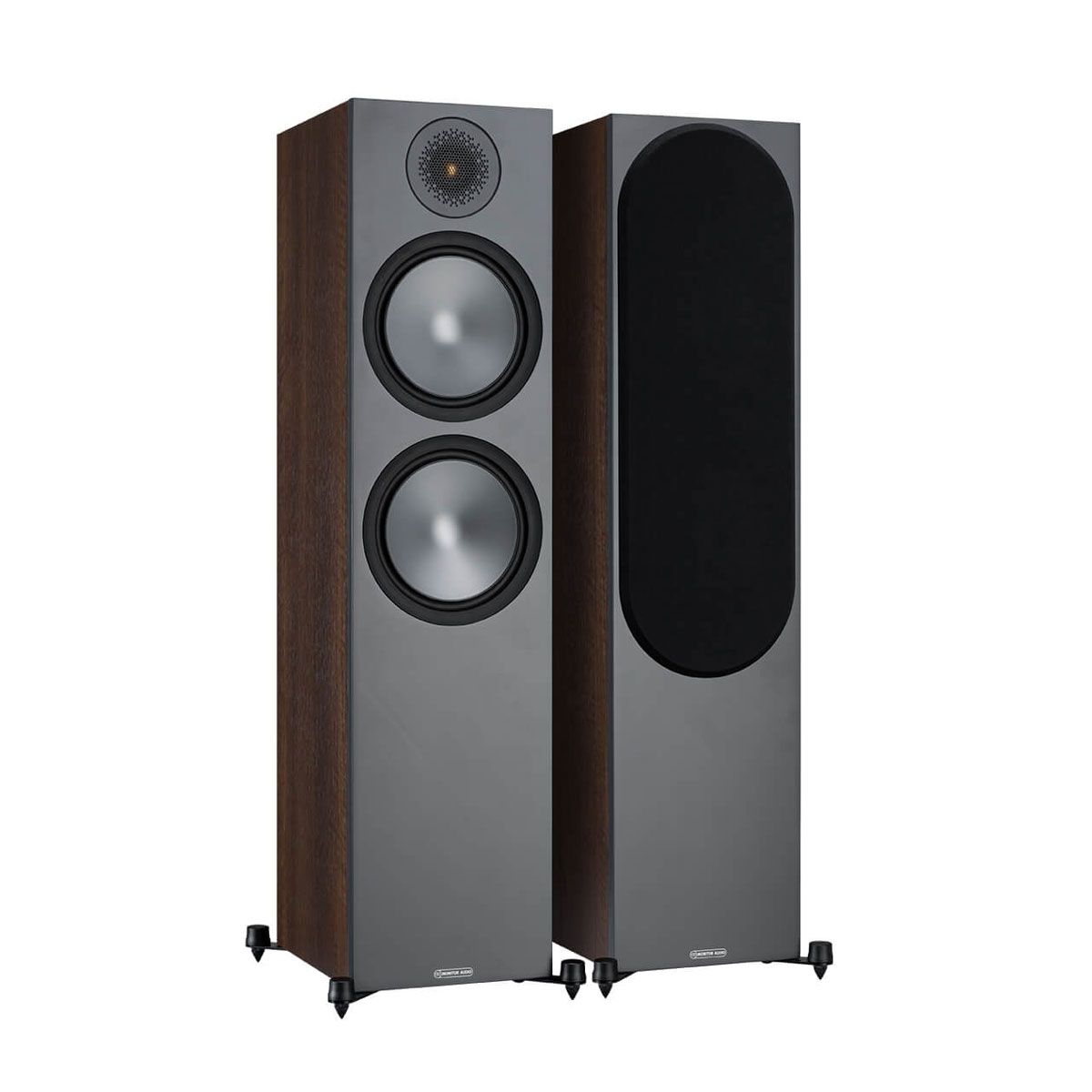 Monitor Audio Bronze 500 Floorstanding Speakers, Walnut, set of two, one with grille and one without grille