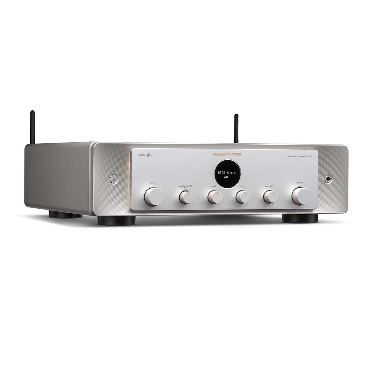 Marantz Model 40n Integrated Amplifier, Silver and Gold, front angle view with antenna