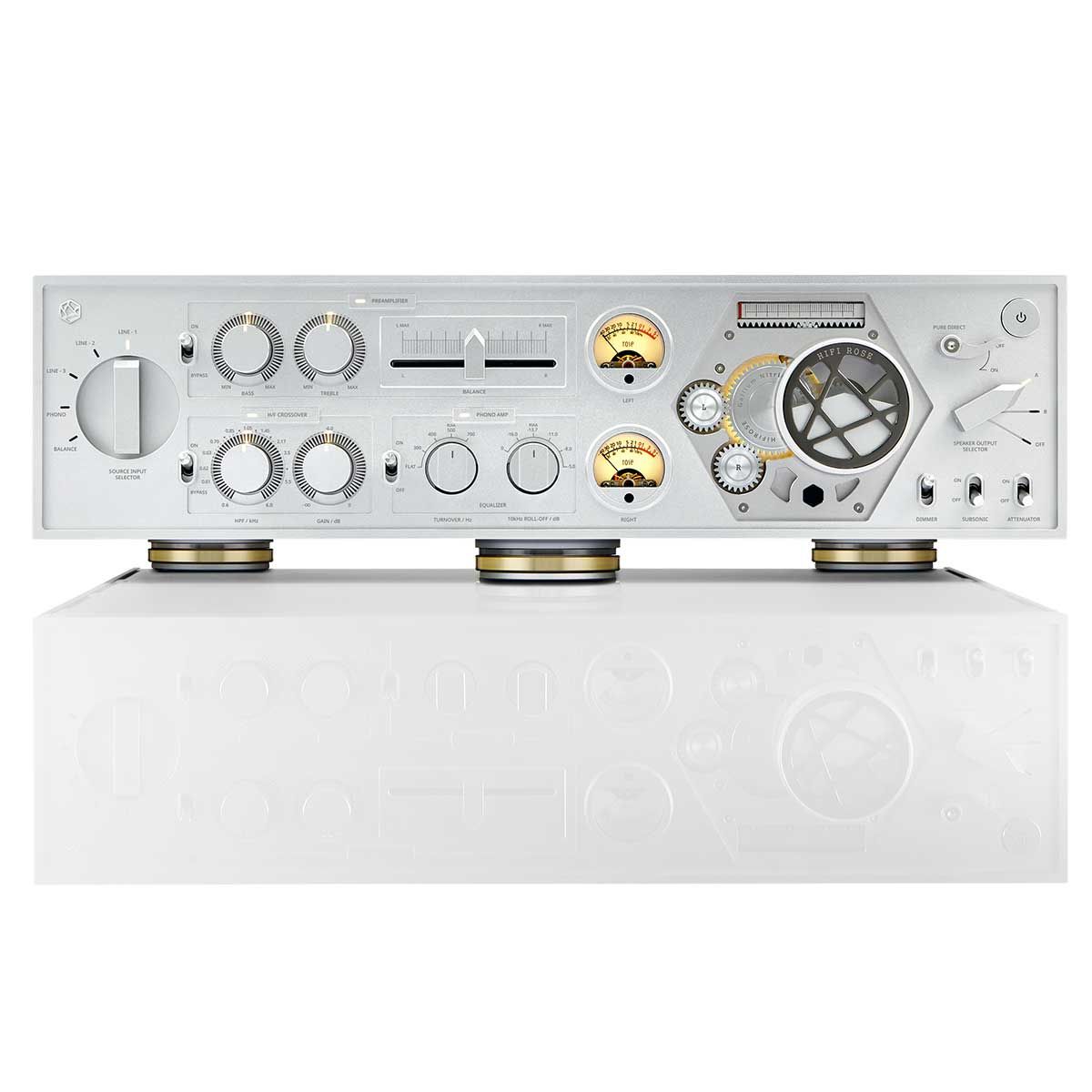 Close up front view of the HiFi Rose RA180 Reference Integrated Amplifier.
