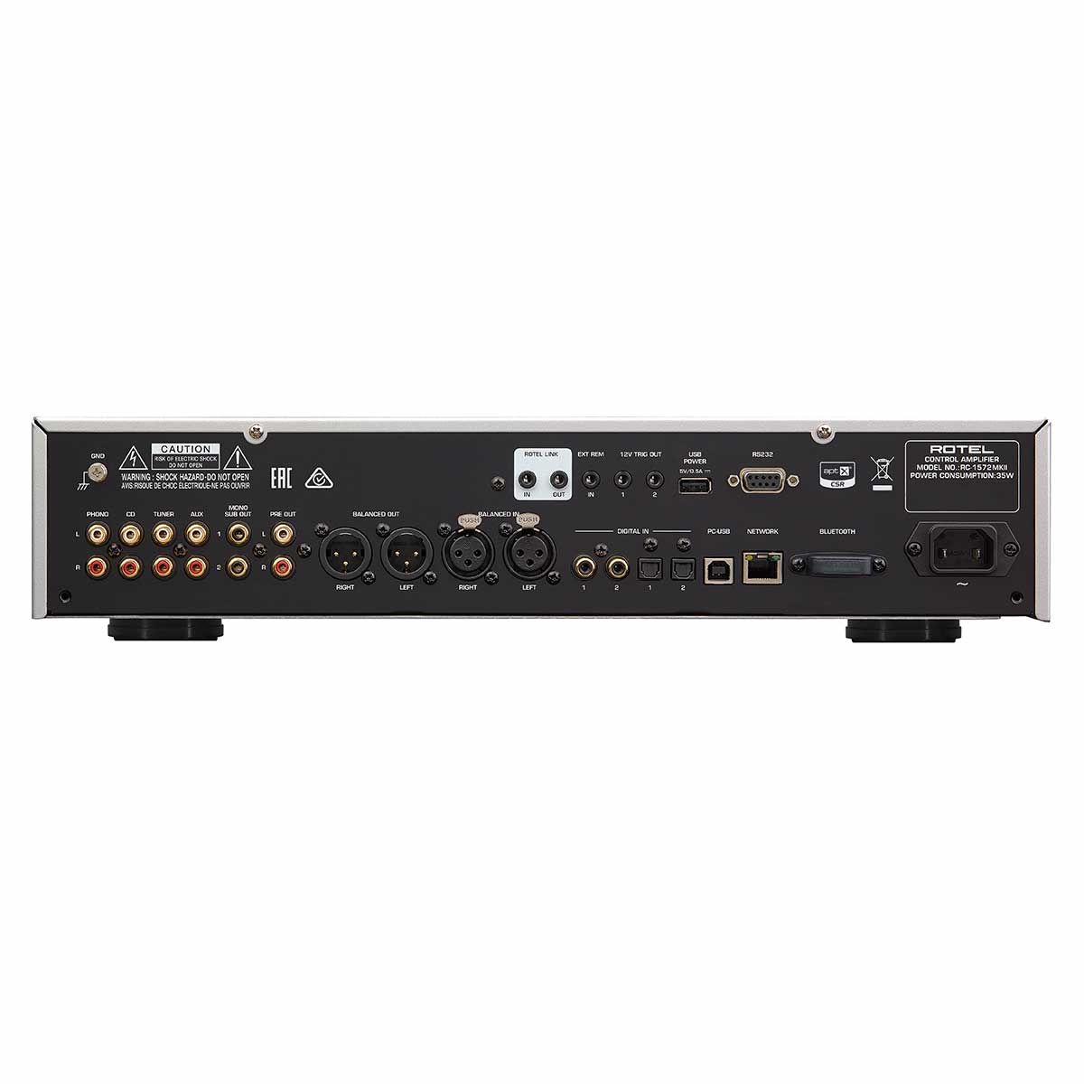 Rotel RC-1572 MKII Stereo Preamplifier, Silver, rear view