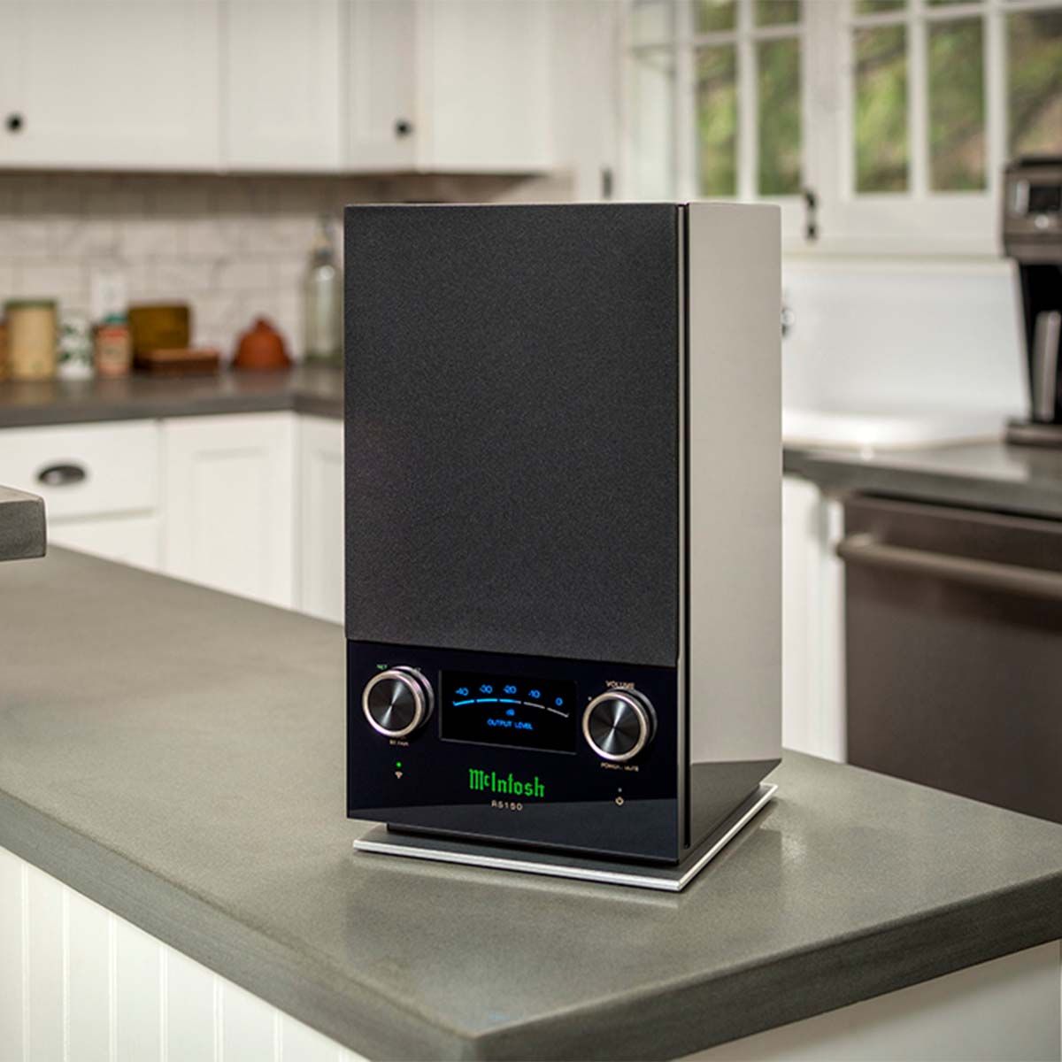 McIntosh RS150 Wireless Speaker, on a kitchen counter