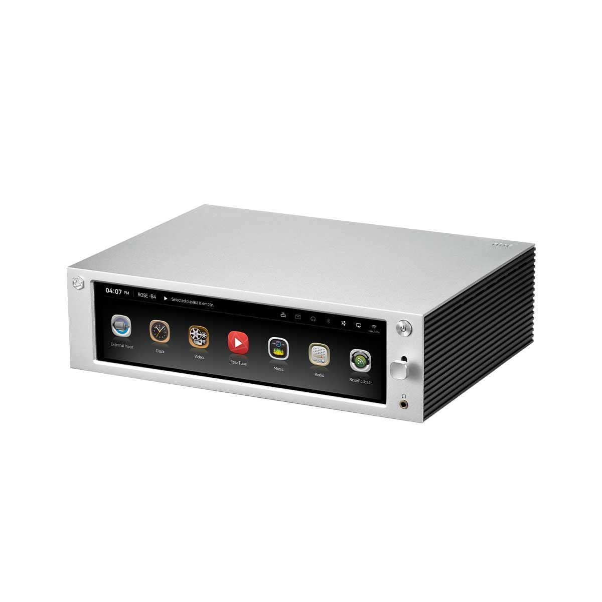 Side angled view of the HiFi Rose RS201E Integrated Amplifier and Network Streamer.