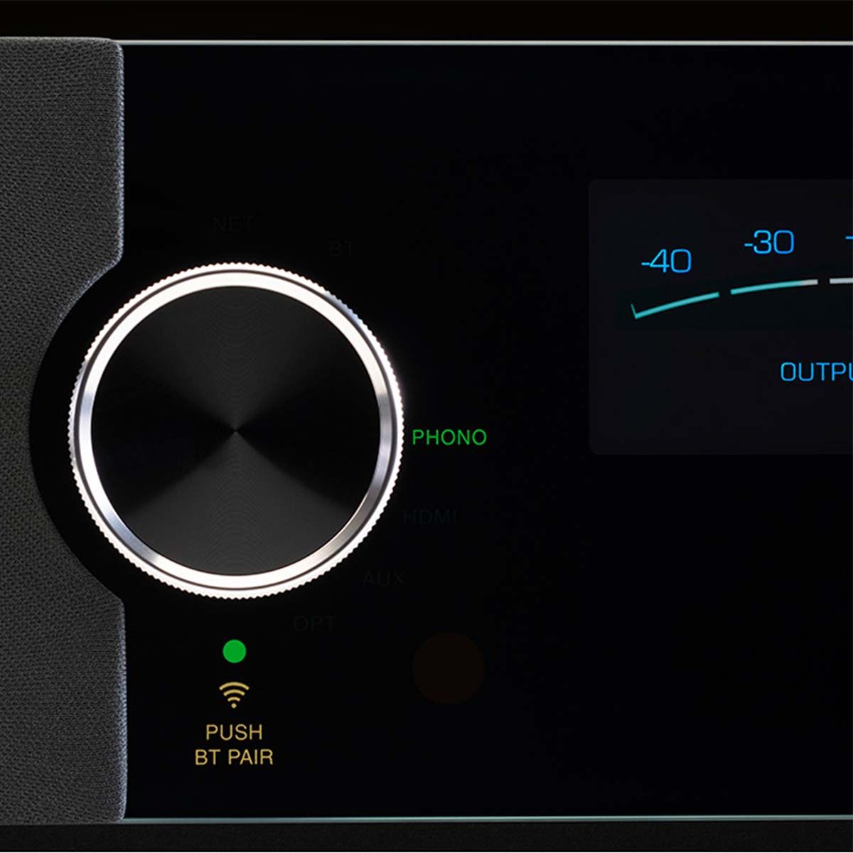McIntosh RS250 Wireless Speaker, detailed view of input selection knob