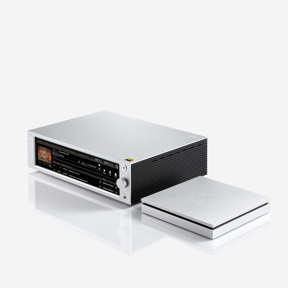Top angled view of the HiFi Rose RSA780 CD Drive next to a HiFi Rose Network Player/Streamer