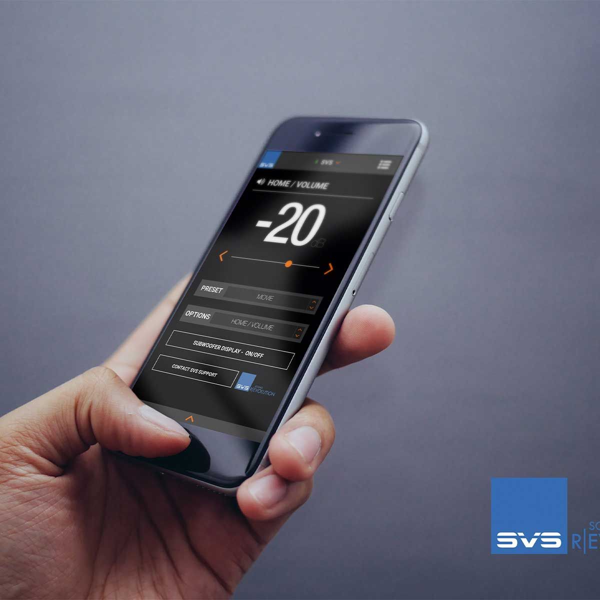 close up of smartphone showing the new SVS Subwoofer Control App.