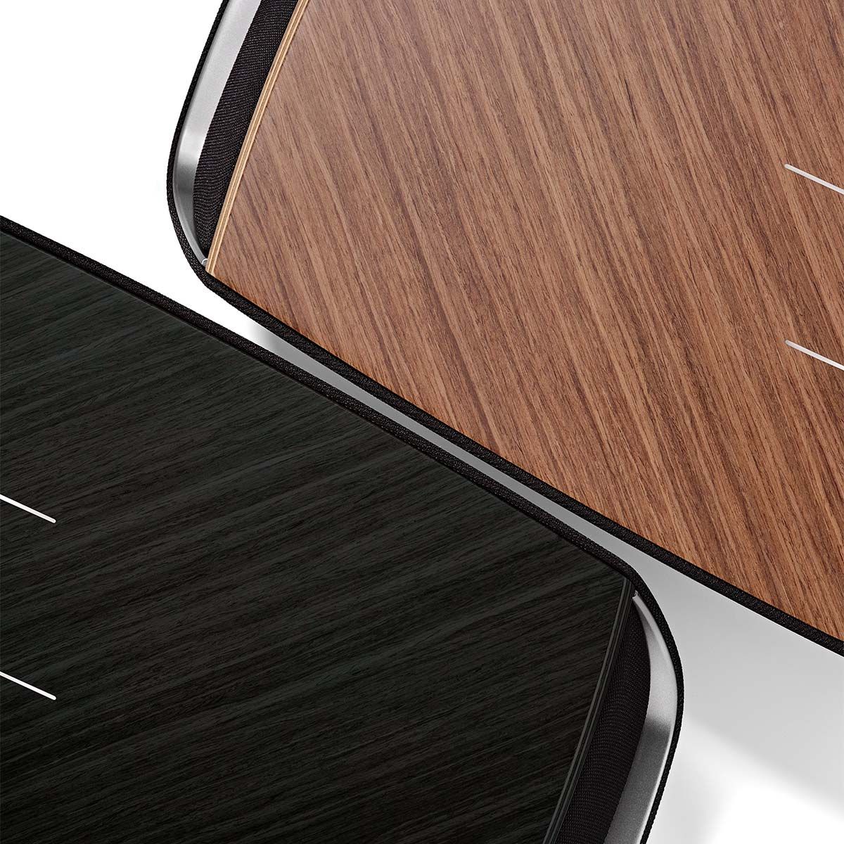 Sonus Faber Omnia Wireless Smart Speaker, Walnut and Graphite, side by side views of top panels