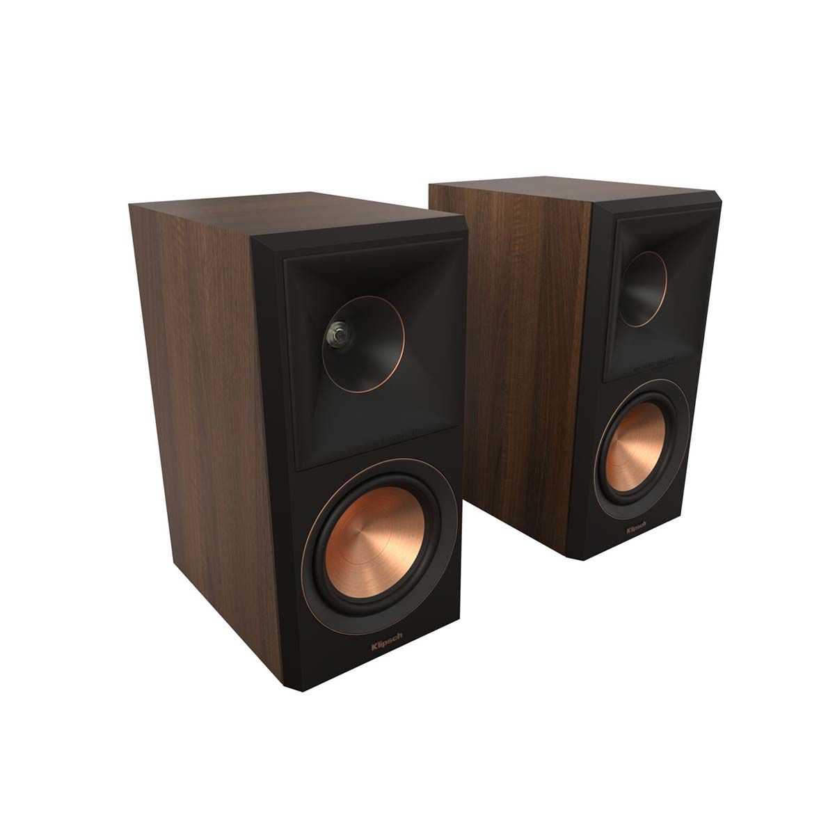 Klipsch RP-500M II Bookshelf Speakers - Walnut - Pair - angled front view of pair without grills
