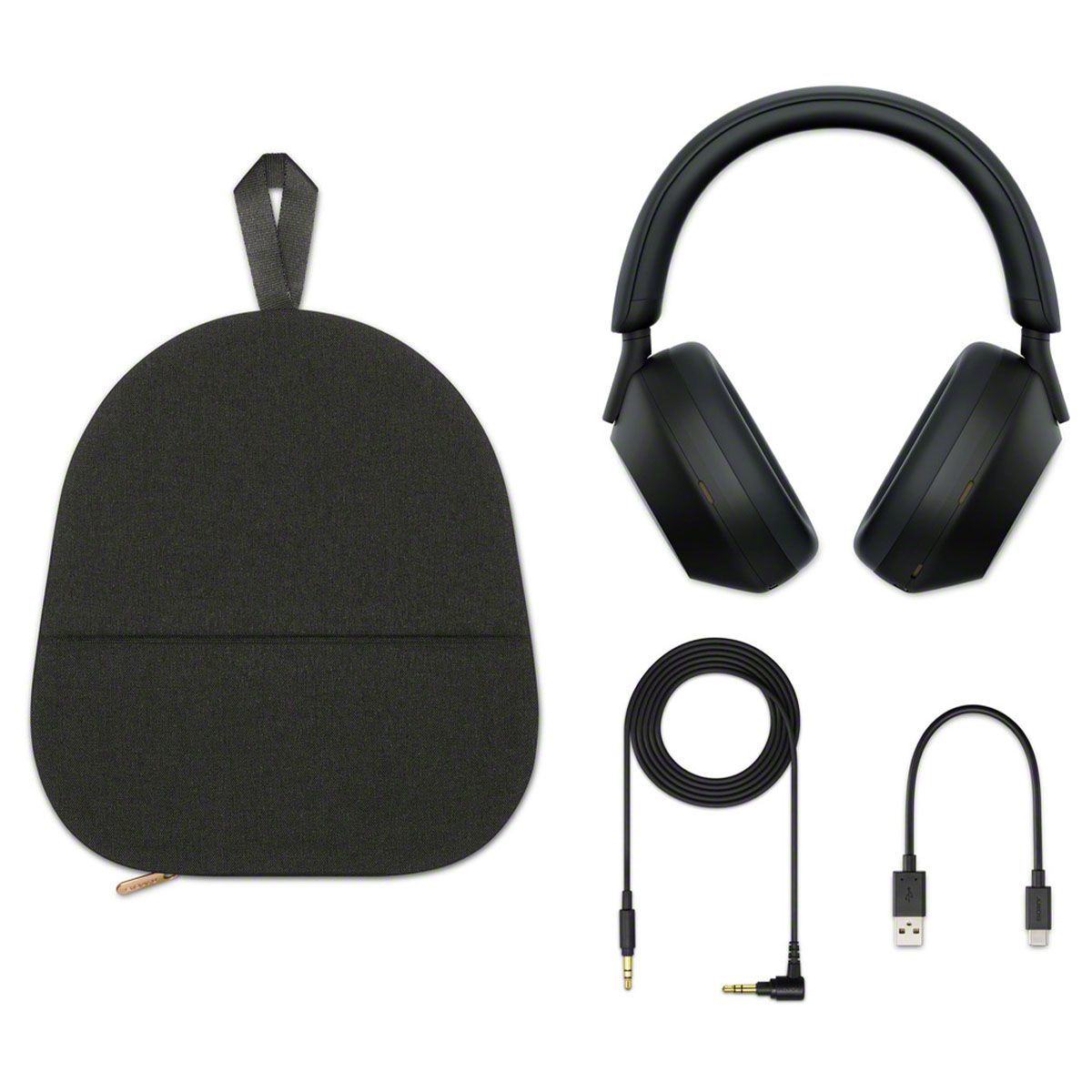 Sony WH-1000XM5 Wireless Over-Ear Headphones - Black - Photo showing what's in the box - headphones, case, cables