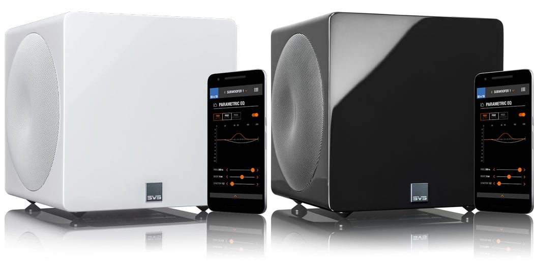 SVS 3000 Micro Subwoofer in black and white with smartphone app