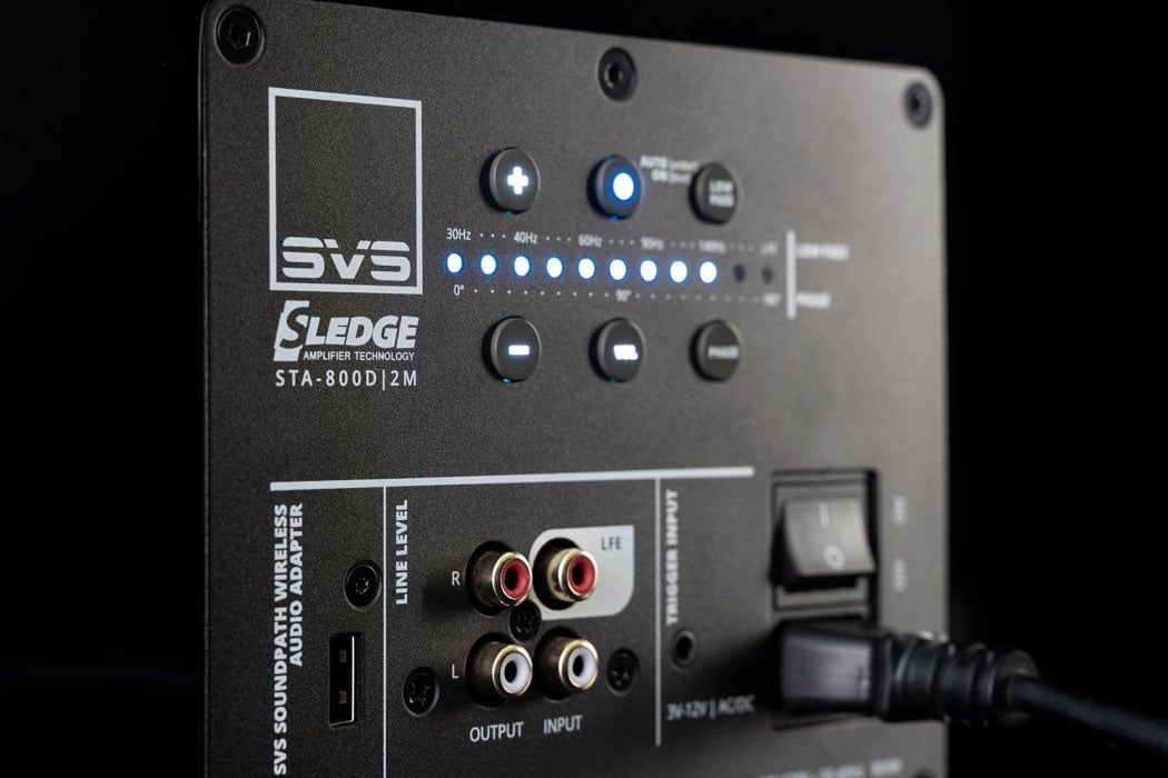 Detailed view of Sledge STA-800DM Amplifier on SVS 3000 Micro Subwoofer