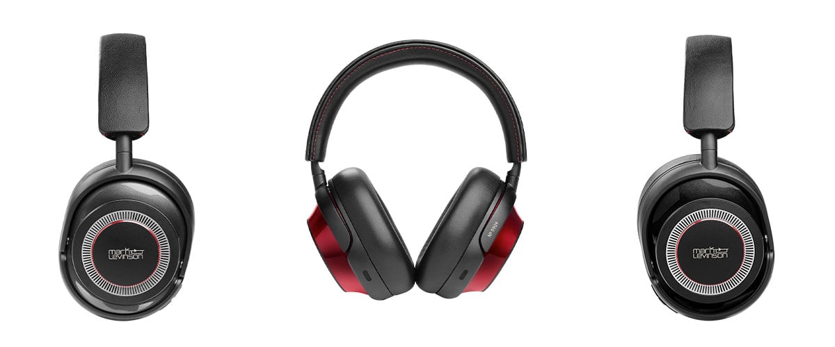 An image showing all the Mark Levinson № 5909 headphones in Black, Red and Pewter finishes.