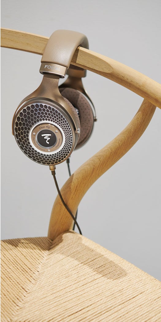 Focal Clear Mg Headphones on wood headphone stand