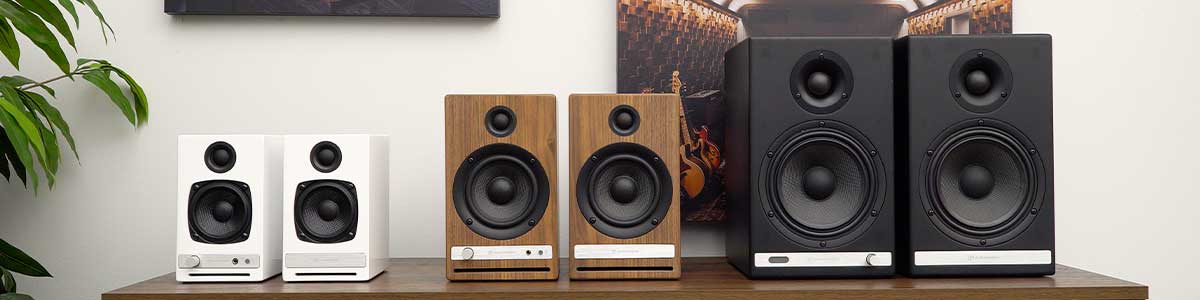 Audioengine HD3, HD4 and HD6 side by side to show the differences in size