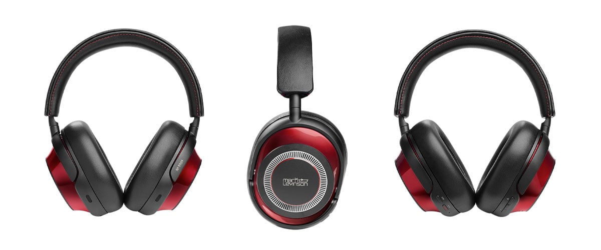 Front view, side view and rear view of the Mark Levinson № 5909 headphones in red finish.