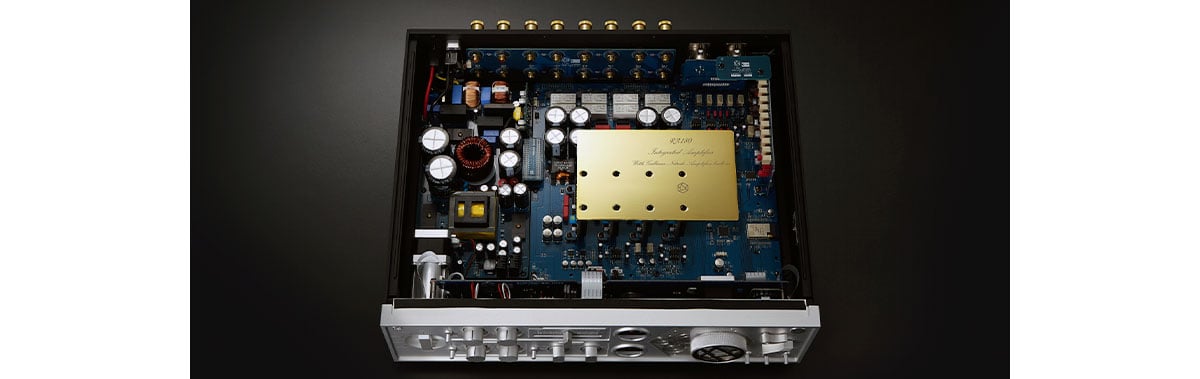Close up shot of the internal components inside the HiFi Rose RA180 Reference Integrated Amplifier and Preamp.