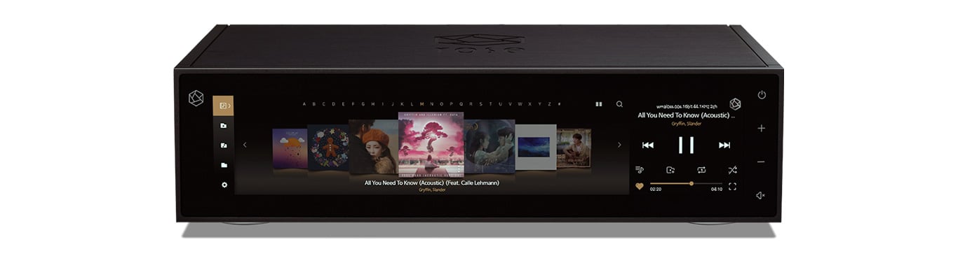 Close-up shot of the 14.9-inch wide touchscreen on the front panel of theHIFI Rose RS150 Network Streamer.