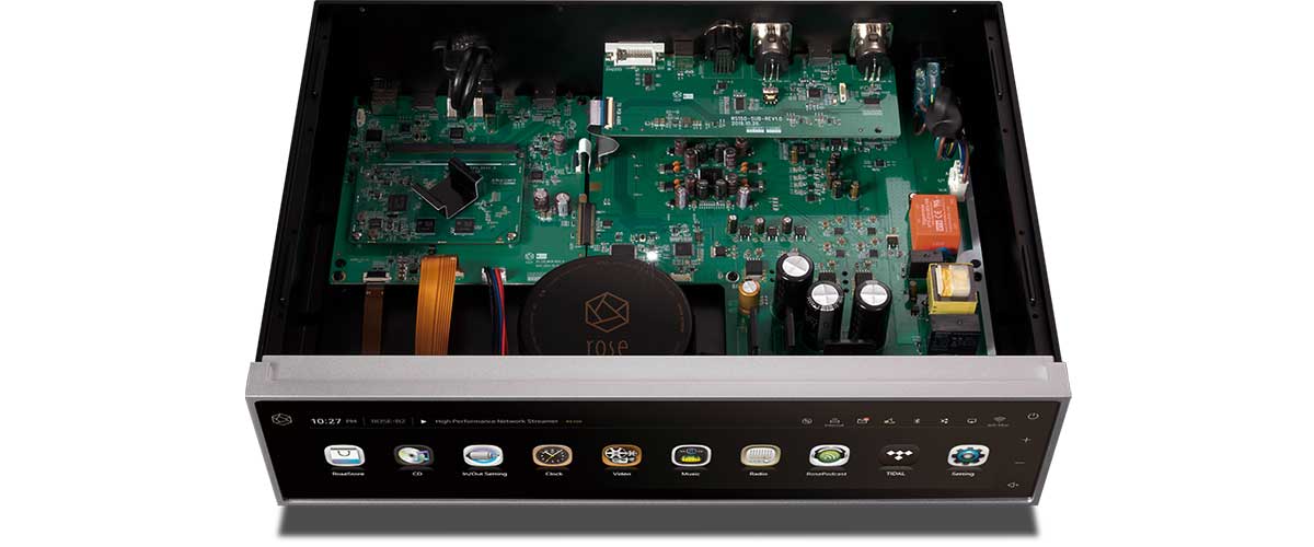 Close up shot of HIFI Rose RS150 Reference Network Streamer internal components.