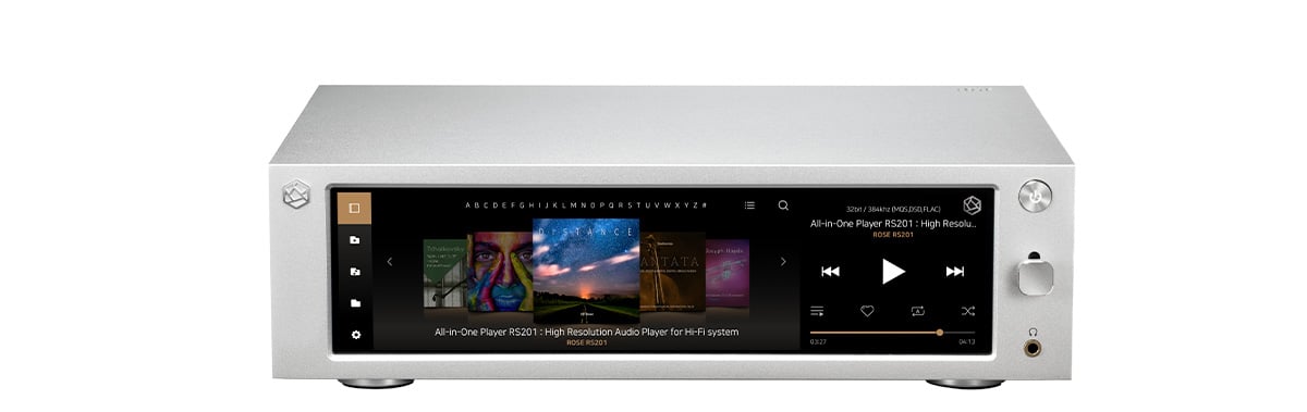 Close-up shot of the 8.8-inch wide touchscreen on the front panel of the HIFI Rose RS201E Network Streamer.