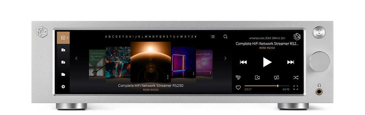 Close-up shot of the 8.8-inch wide touchscreen on the front panel of theHIFI Rose RS150 Network Streamer.