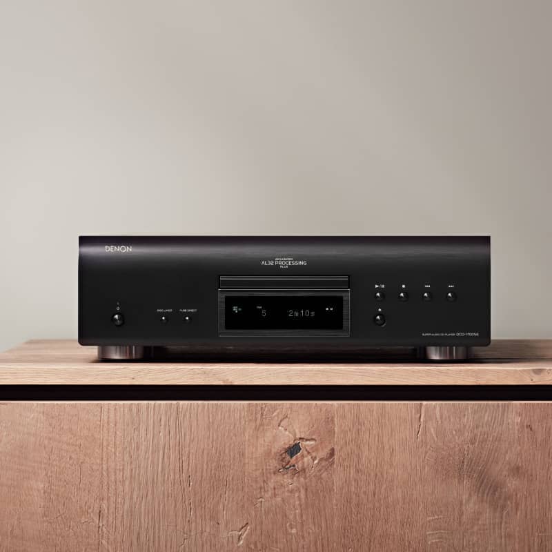 Black Denon DCD 1700 Front View On Cabinet