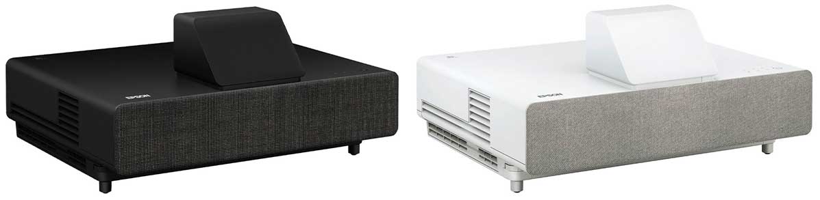Black and white Epson LS500 projectors on white background