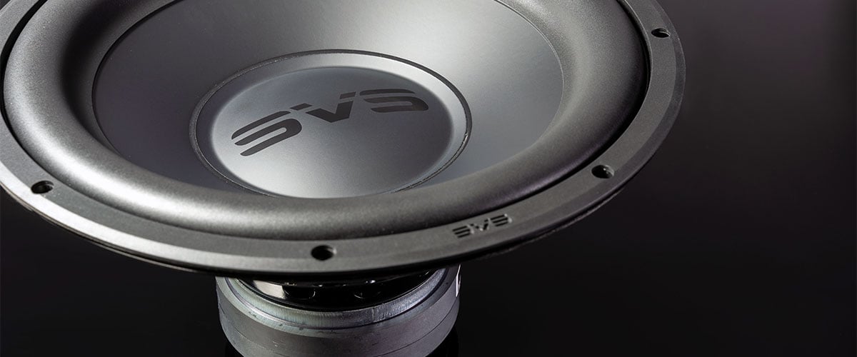Close up shot of the 12 inch woofer in the SVS PB-1000 Pro subwoofer.