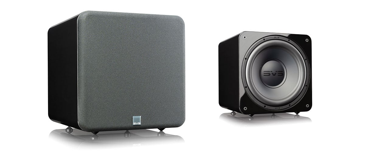 SVS SB-1000 Pro subwoofer showing the grill and without the grill.