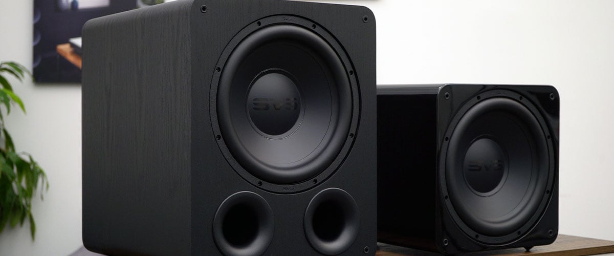 View of the SVS SB-1000 Pro and PB-1000 Pro subwoofers side by side.