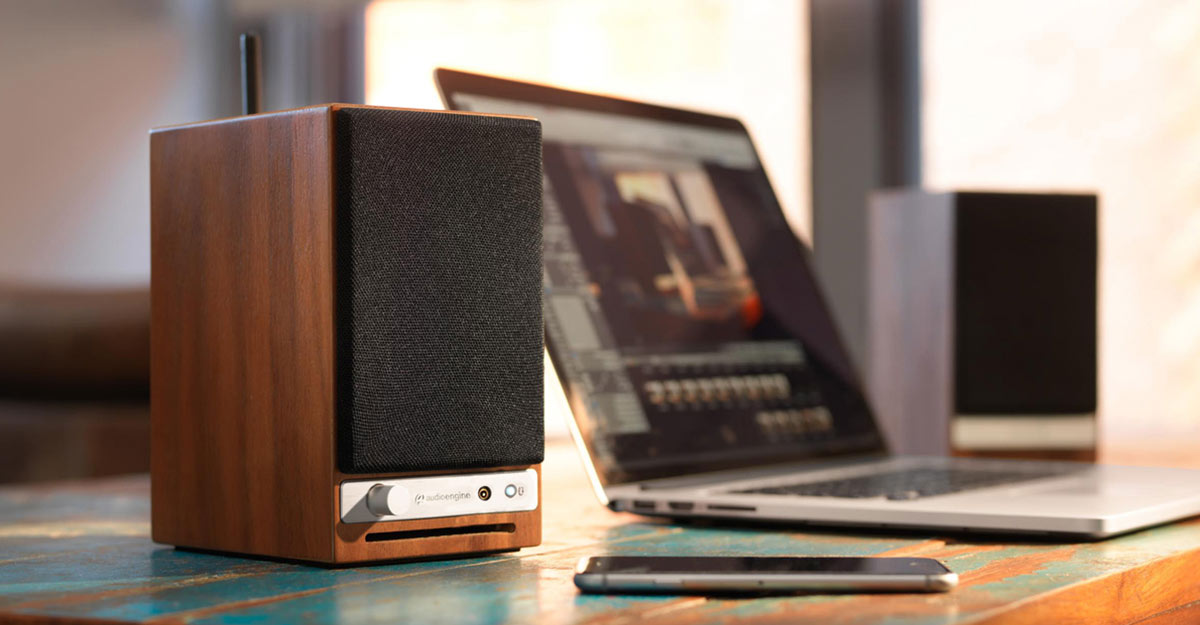 Audioengine HD3 desktop speakers with laptop.