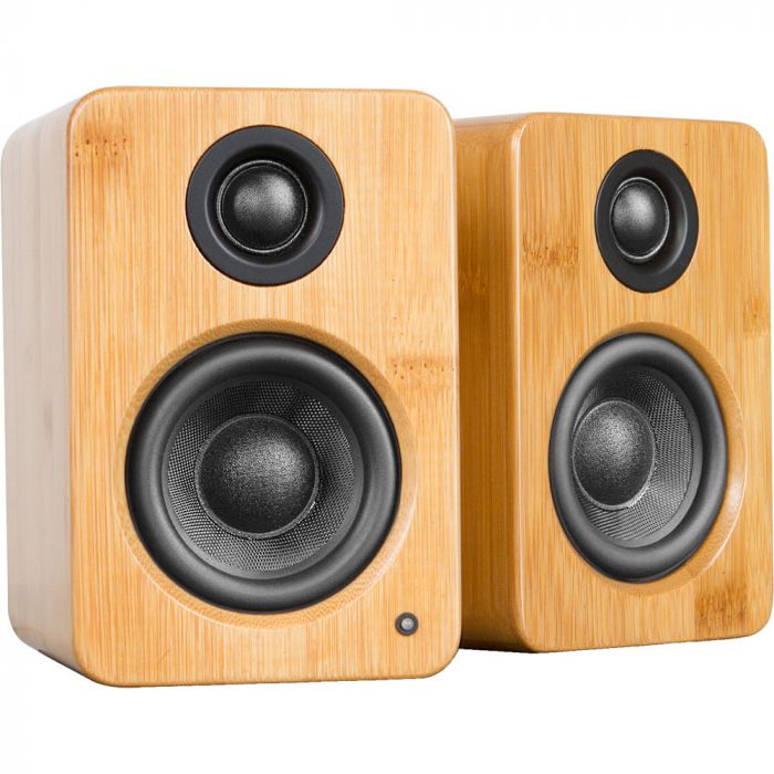 Front view of a pair of Kantu YU2 powered speakers with Bamboo finish available at audioadvice.com.