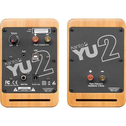 Rear view of a pair of Kanto YU2 Powered Speakers in Bamboo finish available at audioadvice.com.
