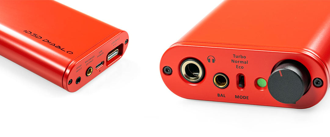 close up side by side views of the iFi iDSD Diablo USB DAC/Headphone Amp front and rear panels.