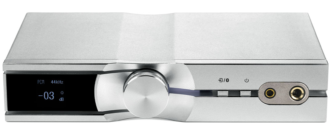 Close up of the iFi NEO iDSD Headphone DAC front panel laying down horizontally.
