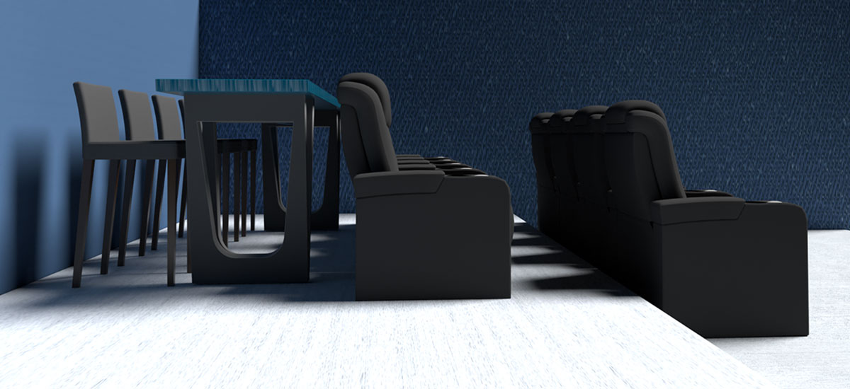 2 Rows of Home Theater chairs with a bar-height counter top & stools behind second row.