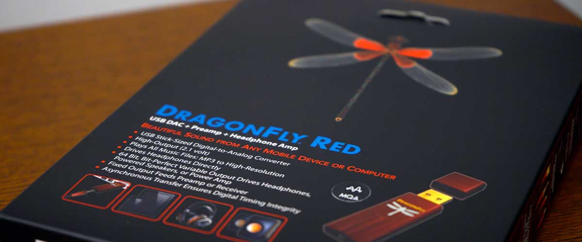 Close up shot of Audioquest DragonFly Red official packaging.