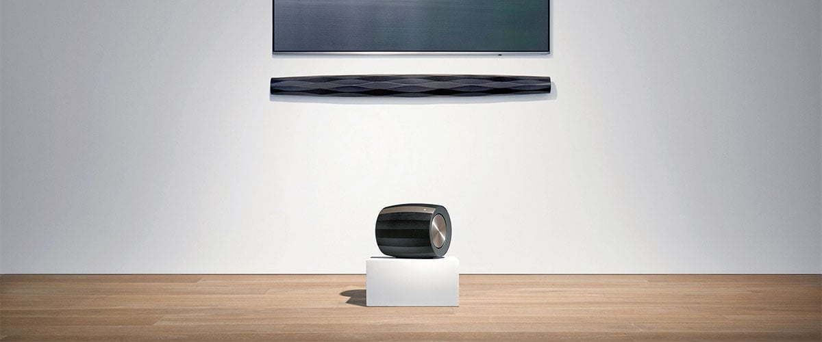 Bowers & Wilkins Formation soundbar and sub under a TV in a room