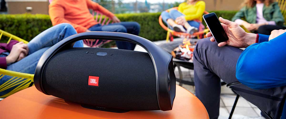 JBL Boombox 2 at a cookout and music streaming from a smartphone