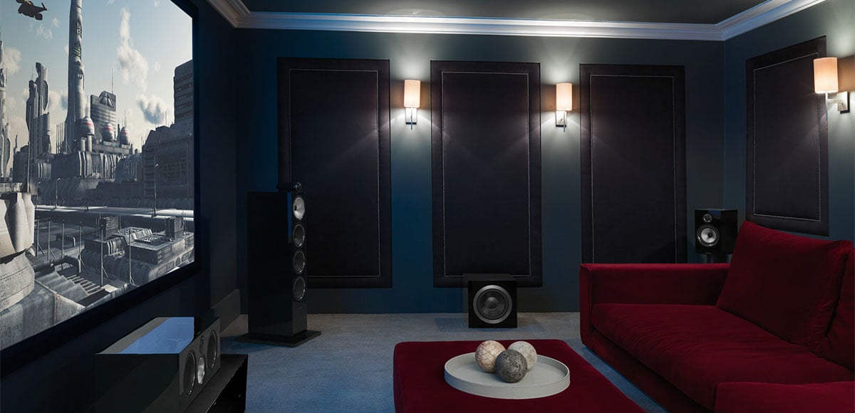home theater with bowers & wilkins 700 series speakers & wall sconce lighting