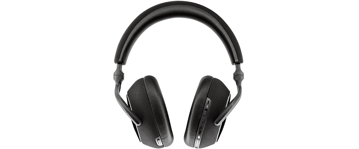 close up of Bowers and Wilkins PX7 Carbon Edition noise cancelling headphone showing tactile buttons