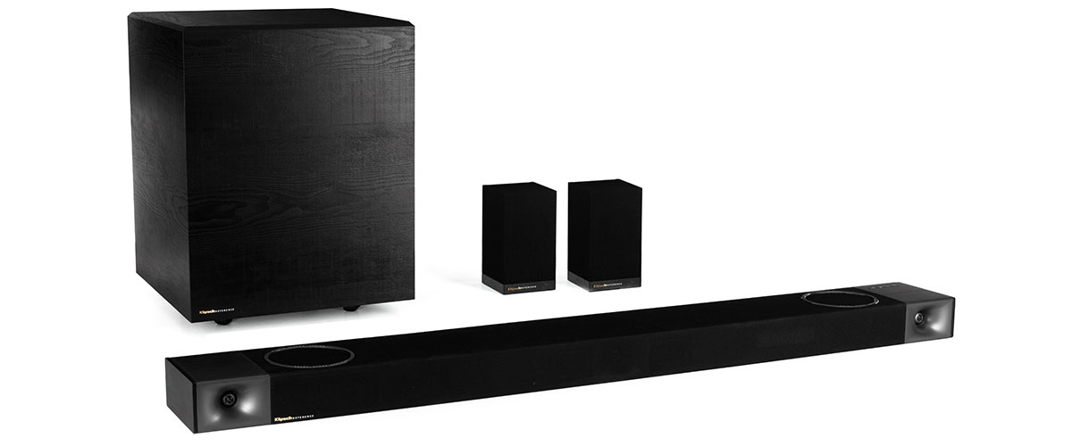 Image of the Klipsch Cinema 1200 Sound bar with the surrounds and the subwoofer.