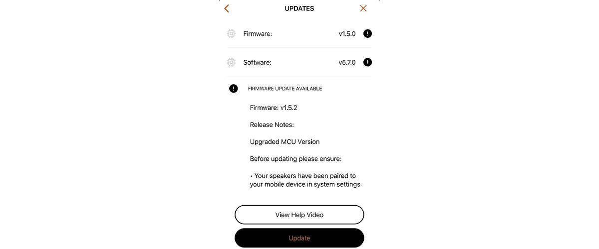 Screenshot of the updates screen in the Klipsch Connect App when updating the Klipsch The Fives firmware to the latest version.