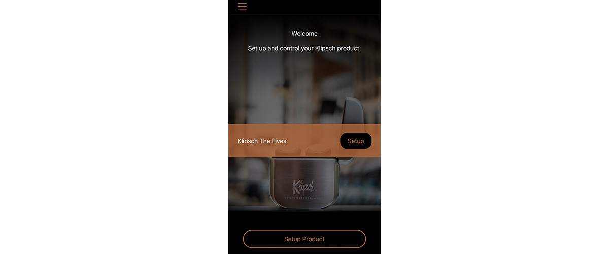screenshot of Klipsch Connect App Welcome screen when setting up the Fives.