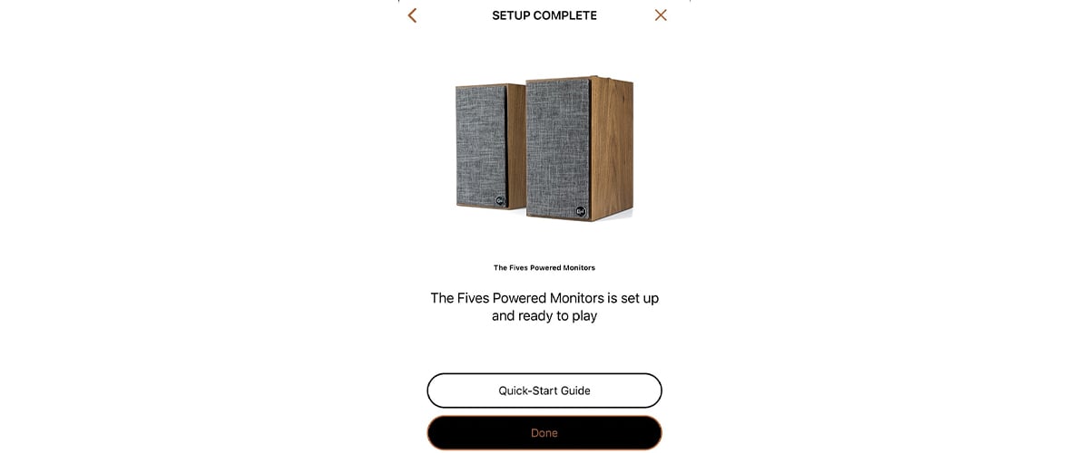 Screenshot of the setup complete screen in the Klipsch connect app when setting up the Klipsch The Fives.