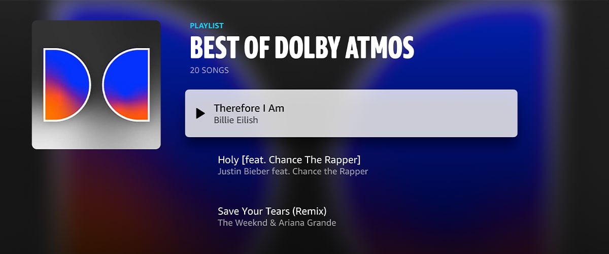 Amazon Music HD Dolby Atmos playlist screenshot.