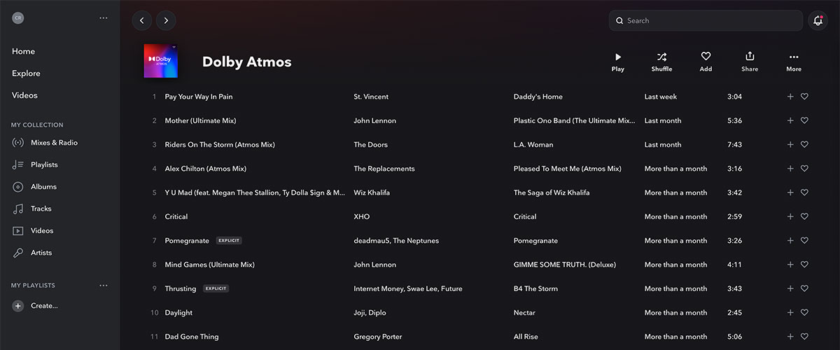 Tidal Masters Dolby Atmos playlist screenshot.