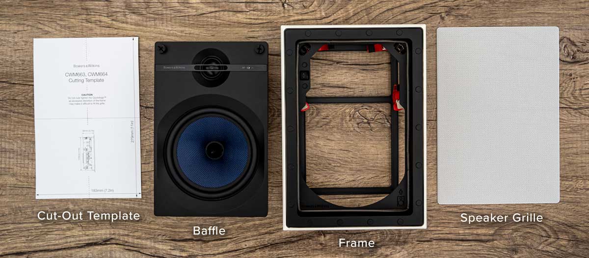In-Wall speaker package compontents. Cut-out template, baffle, frame & speaker grille sitting on table